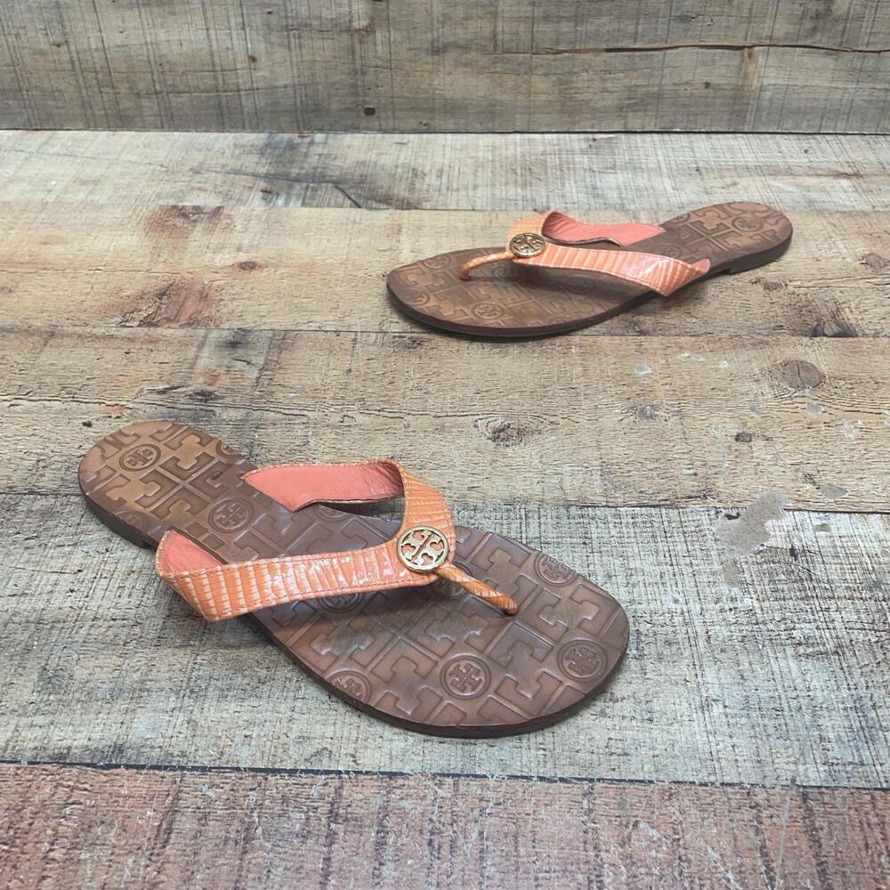 Tory Burch Sandals Womens Size 8 Brown Leather Thong Logo Flip Flop Shoes